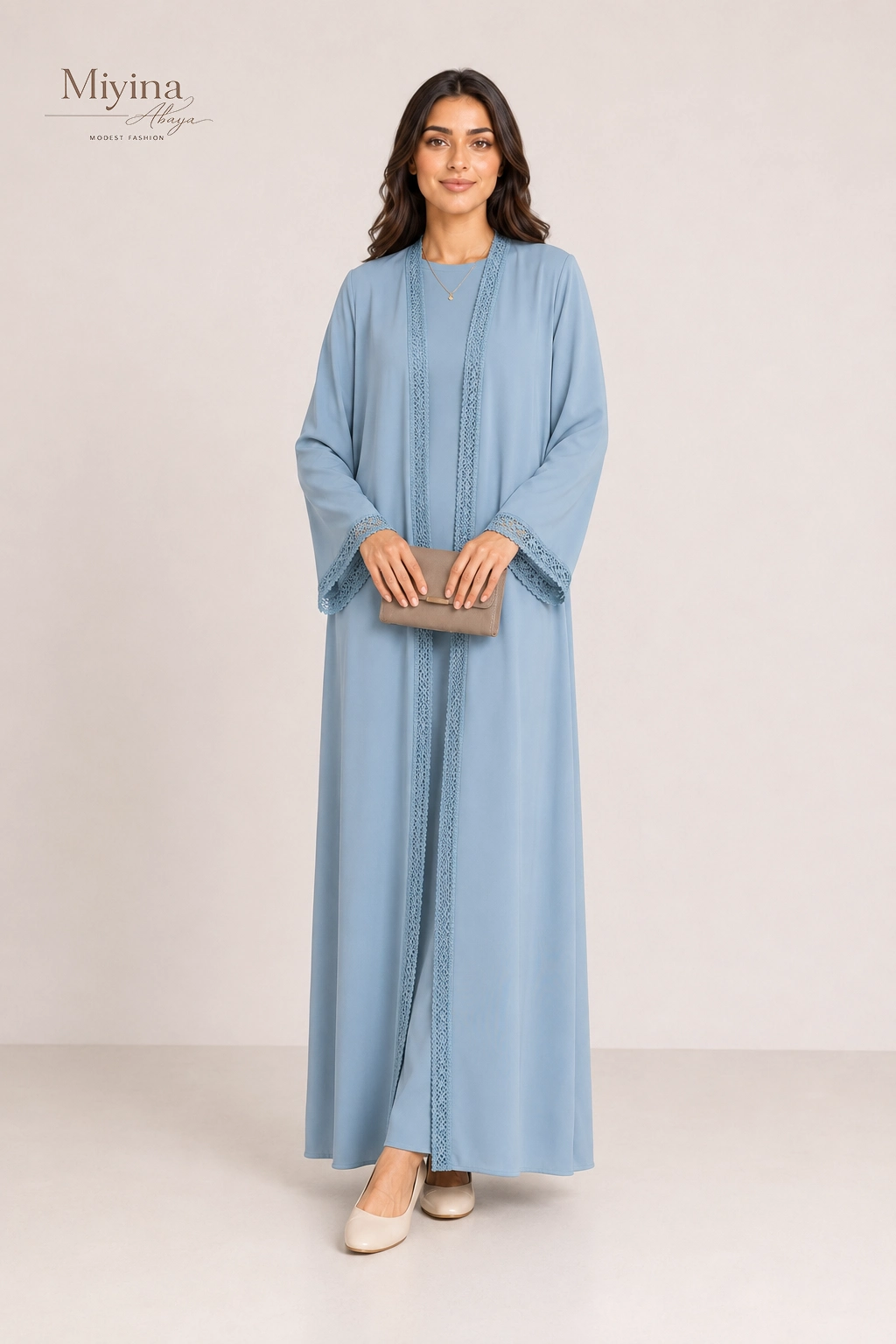 Flowing V-Neck Modest Cardigan with Lace Trim2