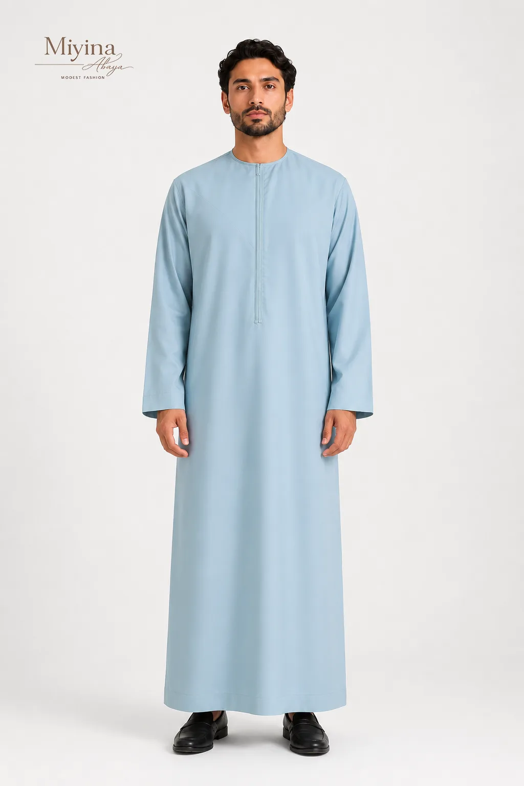Miyina Bulk Buy Aqua Blue Omani Thobe Understated Style Refined Embroidered Details Manufacturer-sku1