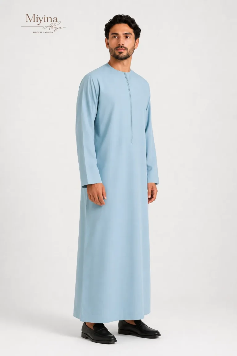 Miyina Bulk Buy Aqua Blue Omani Thobe Understated Style Refined Embroidered Details Manufacturer sku5