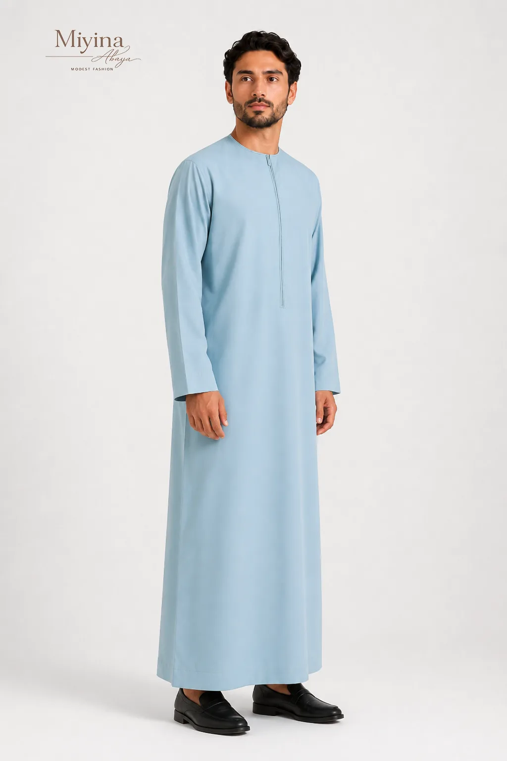 Miyina Bulk Buy Aqua Blue Omani Thobe Understated Style Refined Embroidered Details Manufacturer sku5