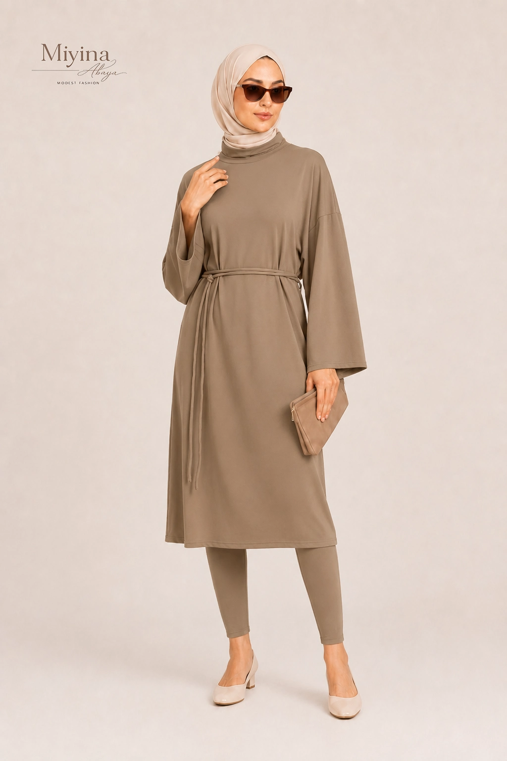 Miyina Bulk Buy T-Shirt Swim Dress Brown Clay Knee-Long Dress Designed With Wide Sleeves And A Cord-Tie Option Abaya Manufacturer