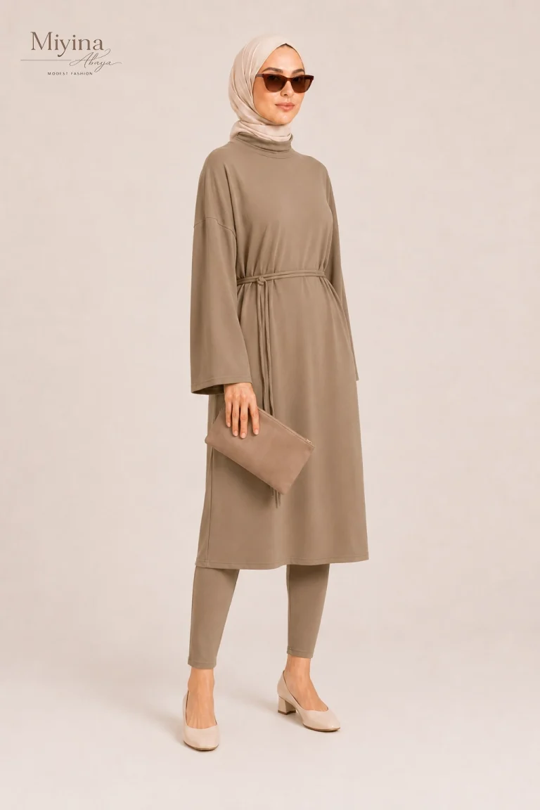 Miyina Bulk Buy T-Shirt Swim Dress Brown Clay Knee-Long Dress Designed With Wide Sleeves And A Cord-Tie Option Abaya Manufacturer