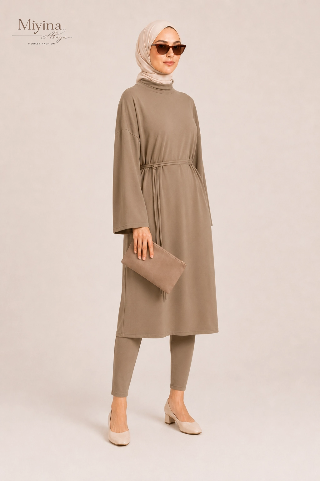 Miyina Bulk Buy T-Shirt Swim Dress Brown Clay Knee-Long Dress Designed With Wide Sleeves And A Cord-Tie Option Abaya Manufacturer