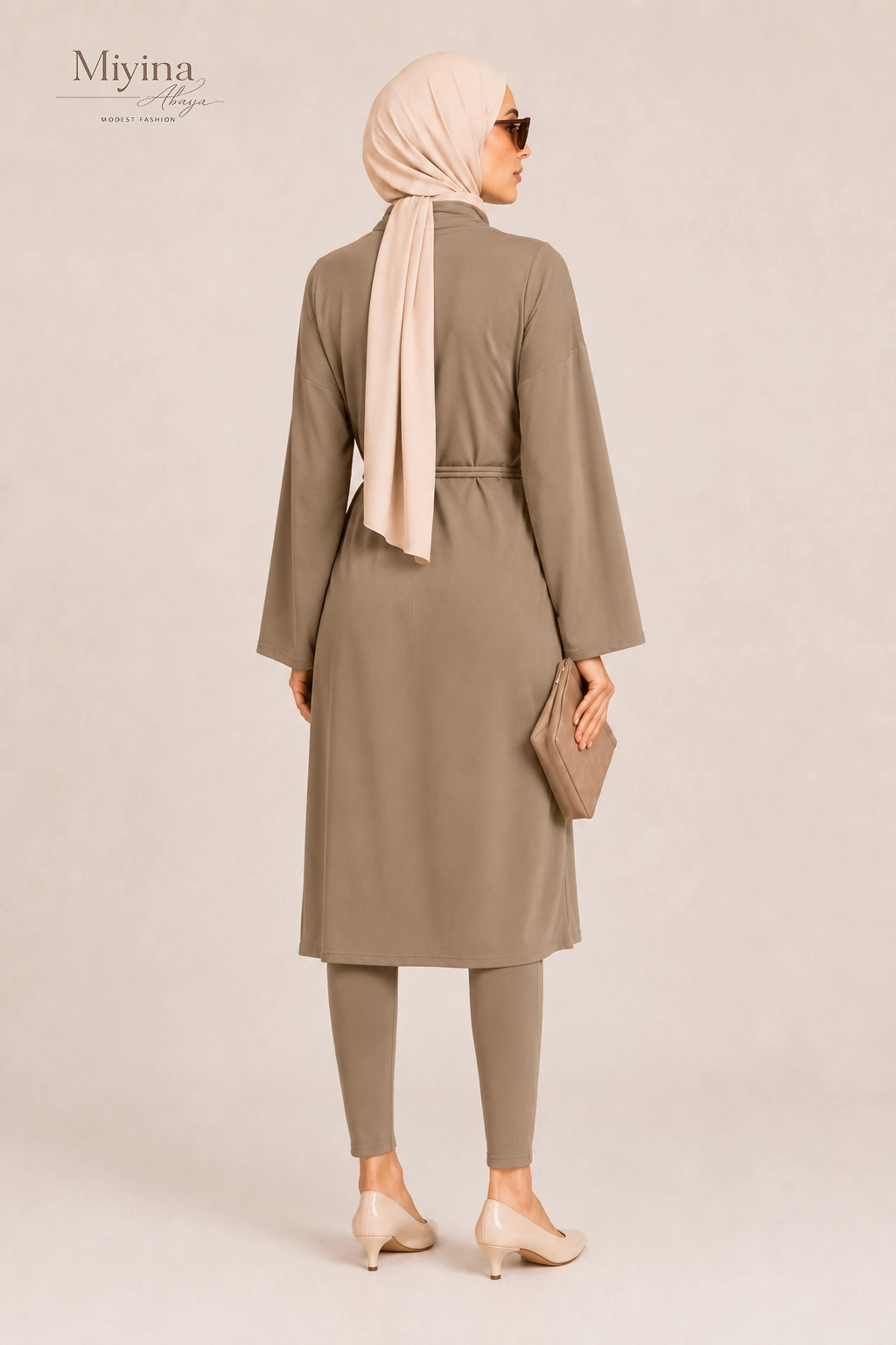 Miyina Bulk Buy T-Shirt Swim Dress Brown Clay Knee-Long Dress Designed With Wide Sleeves And A Cord-Tie Option Abaya Manufacturer