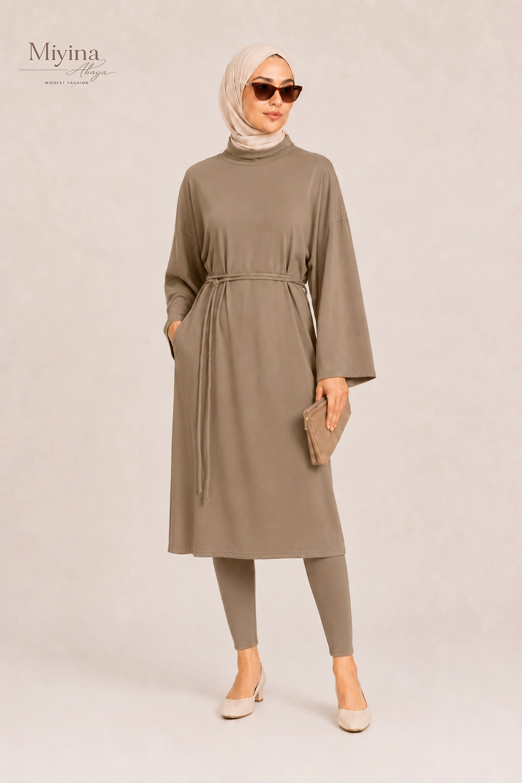 Miyina Bulk Buy T-Shirt Swim Dress Brown Clay Knee-Long Dress Designed With Wide Sleeves And A Cord-Tie Option Abaya Manufacturer