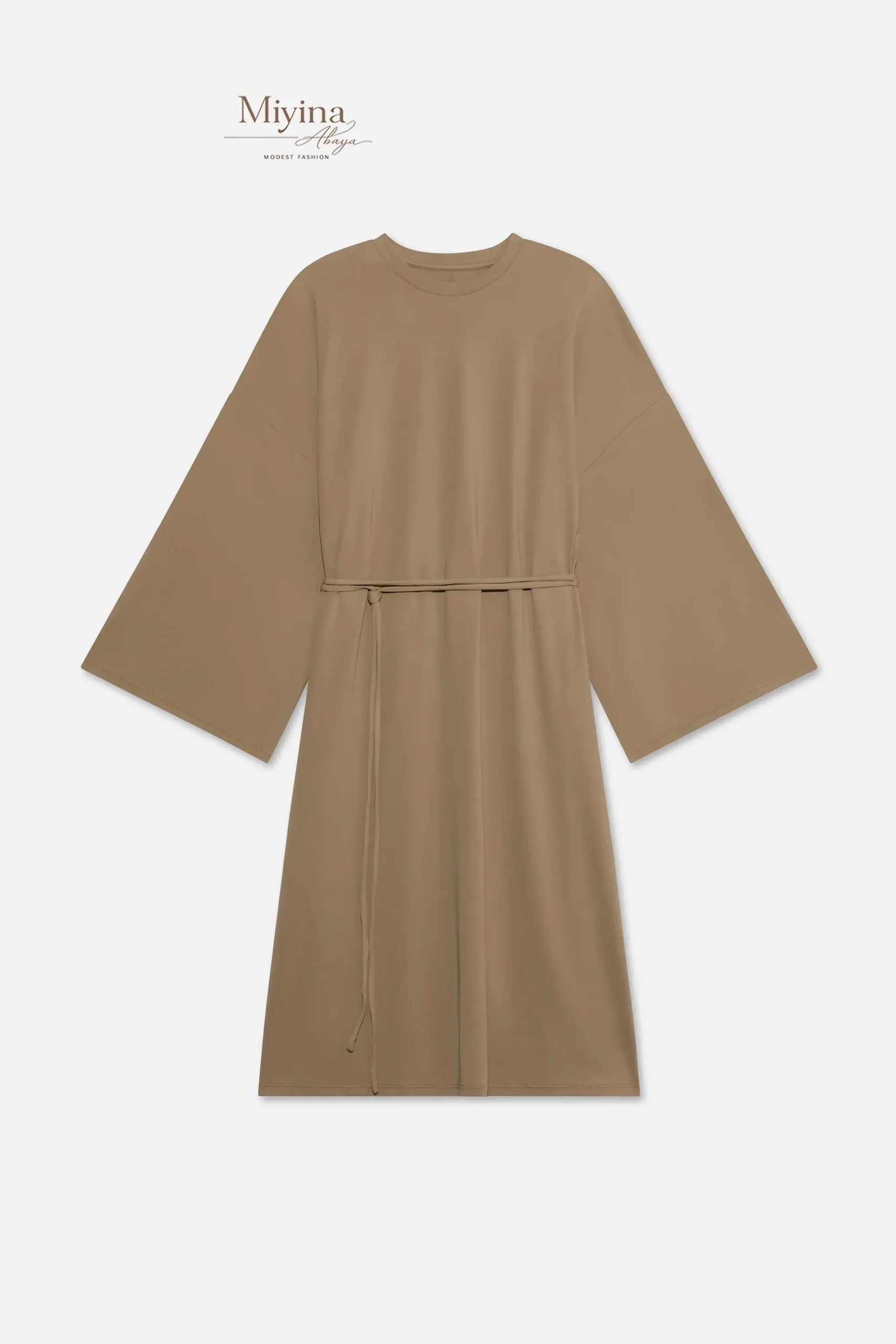 Miyina Bulk Buy T-Shirt Swim Dress Brown Clay Knee-Long Dress Designed With Wide Sleeves And A Cord-Tie Option Abaya Manufacturer