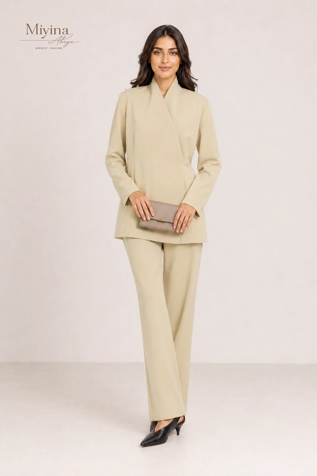Miyina Bulk Buy Tailored Oversized Blazer Desert Clay Structured Wrap-Front Design Elongated Shape Abaya Manufacturer