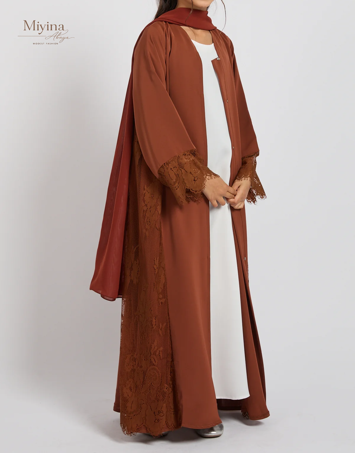 Miyina Custom OEMODM - Junior Girls French Lace Open Abaya Terracotta Rose Korean Nida Fabric Wholesale Direct Factory Low MOQ-sku1