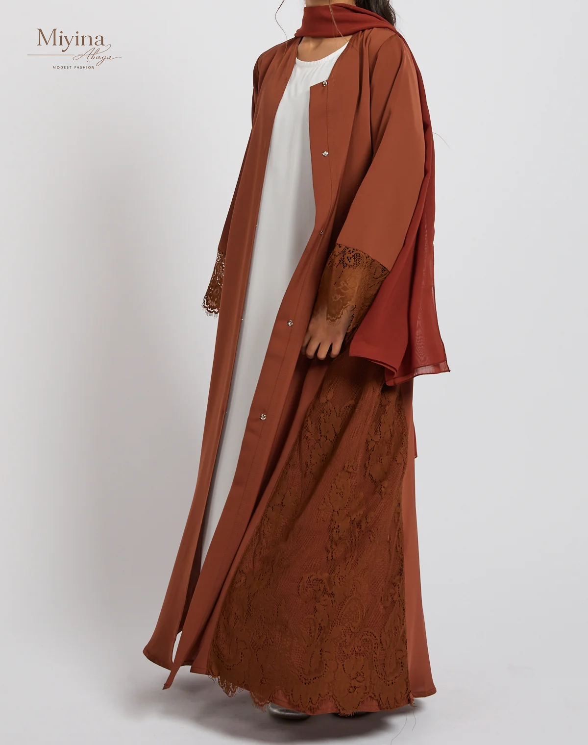 Miyina Custom OEMODM - Junior Girls French Lace Open Abaya Terracotta Rose Korean Nida Fabric Wholesale Direct Factory Low MOQ-sku2