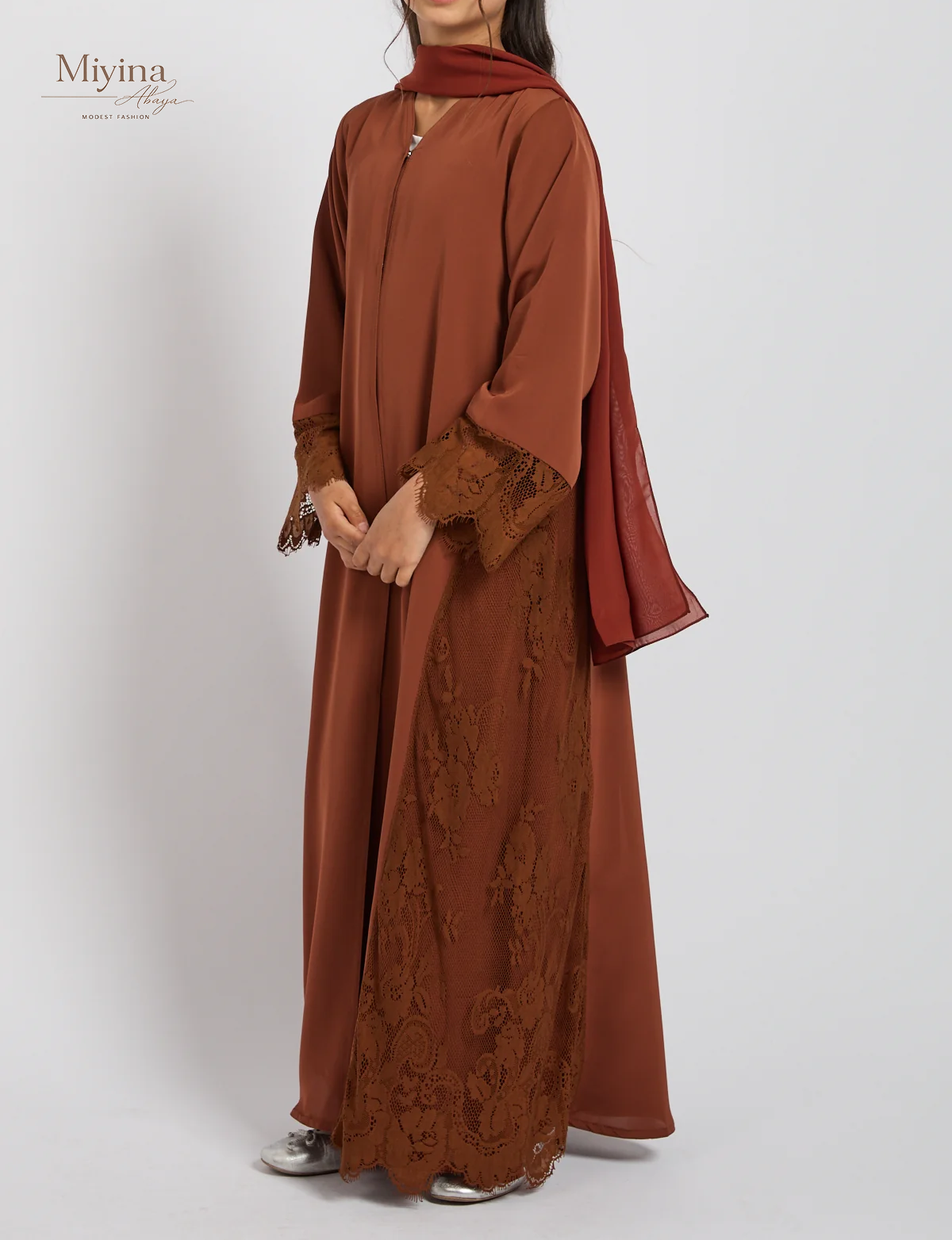 Miyina Custom OEMODM - Junior Girls French Lace Open Abaya Terracotta Rose Korean Nida Fabric Wholesale Direct Factory Low MOQ-sku3