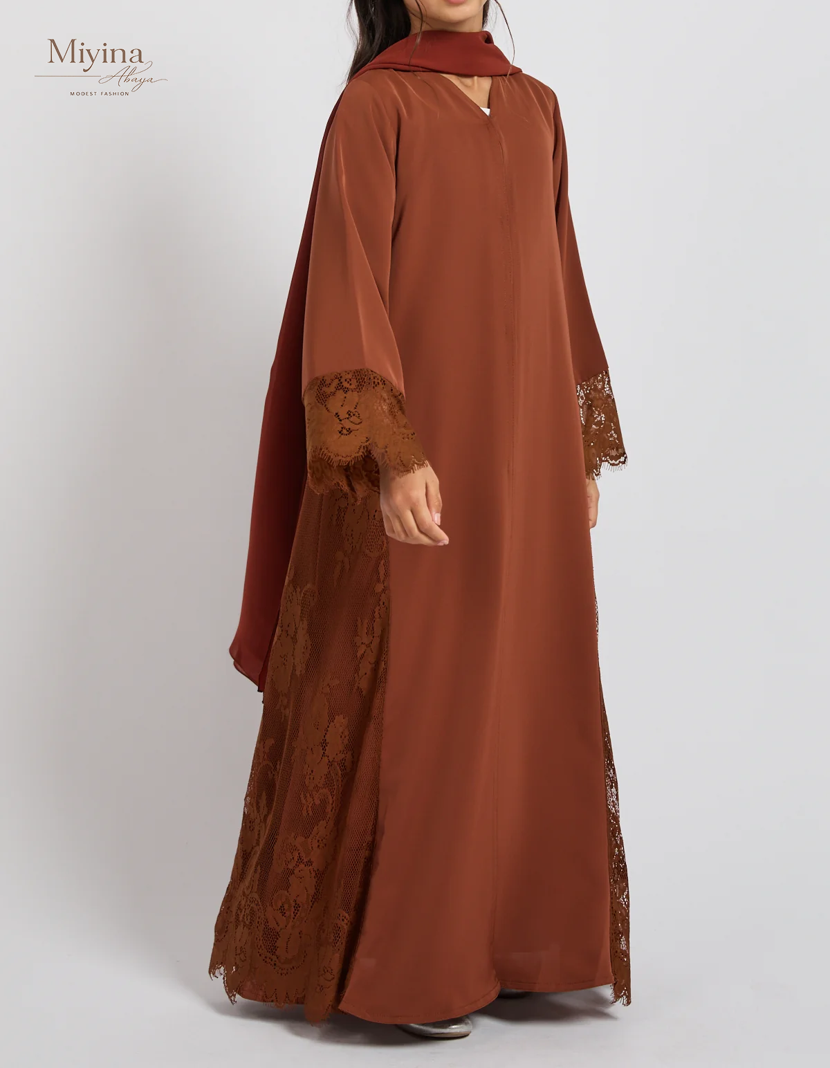 Miyina Custom OEMODM - Junior Girls French Lace Open Abaya Terracotta Rose Korean Nida Fabric Wholesale Direct Factory Low MOQ-sku4