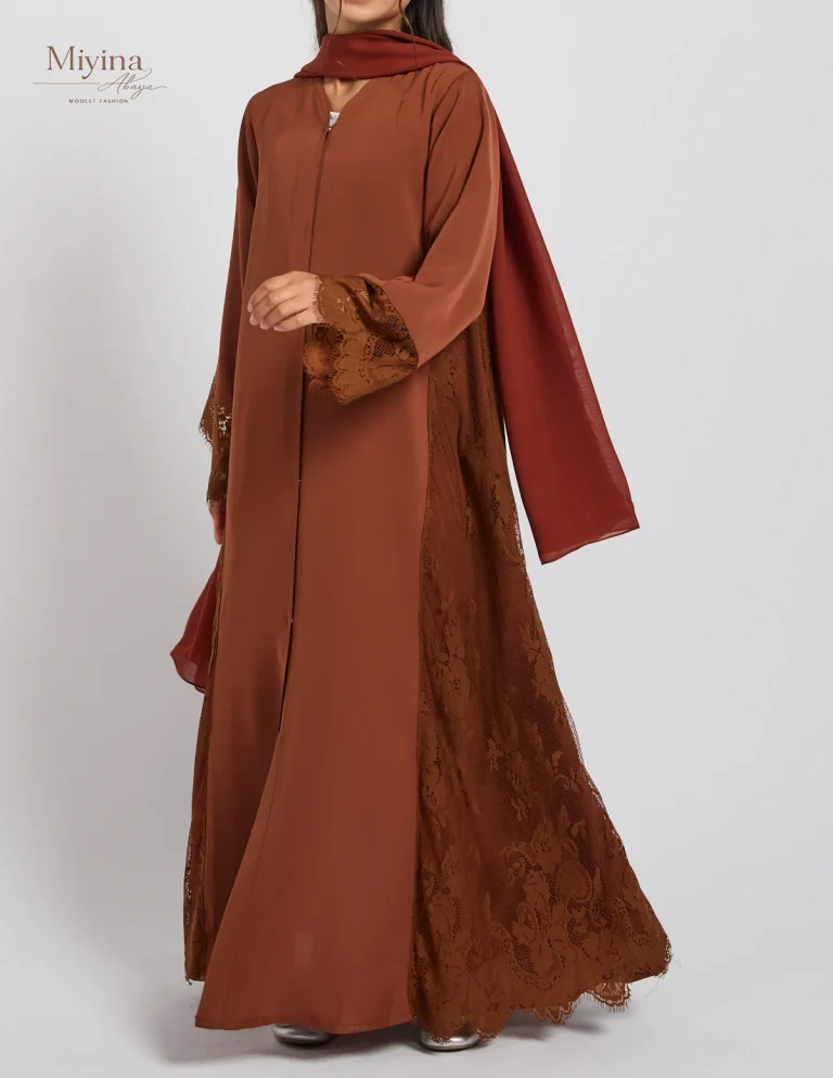 Miyina Custom OEMODM - Junior Girls French Lace Open Abaya Terracotta Rose Korean Nida Fabric Wholesale Direct Factory Low MOQ-sku5
