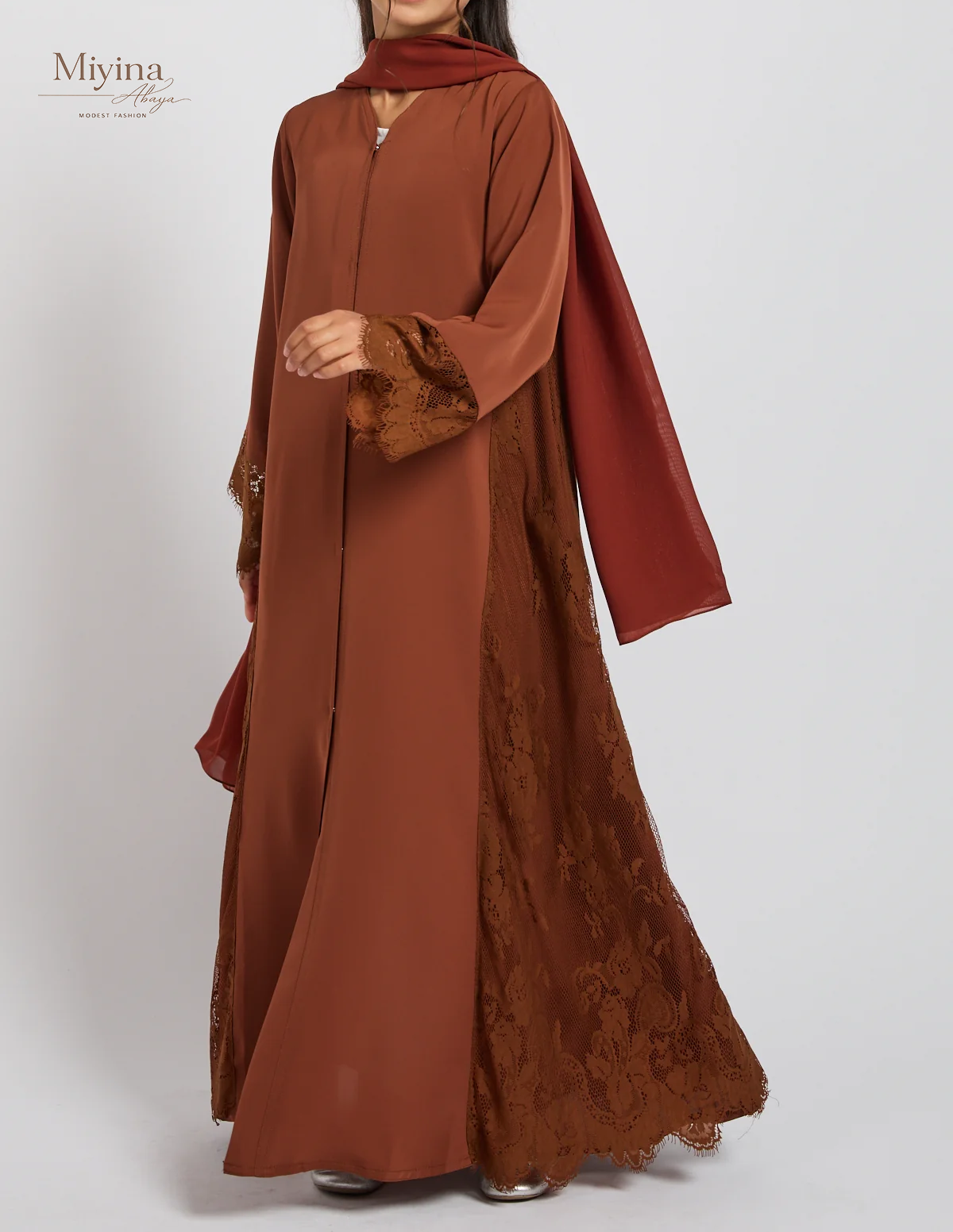 Miyina Custom OEMODM - Junior Girls French Lace Open Abaya Terracotta Rose Korean Nida Fabric Wholesale Direct Factory Low MOQ-sku5