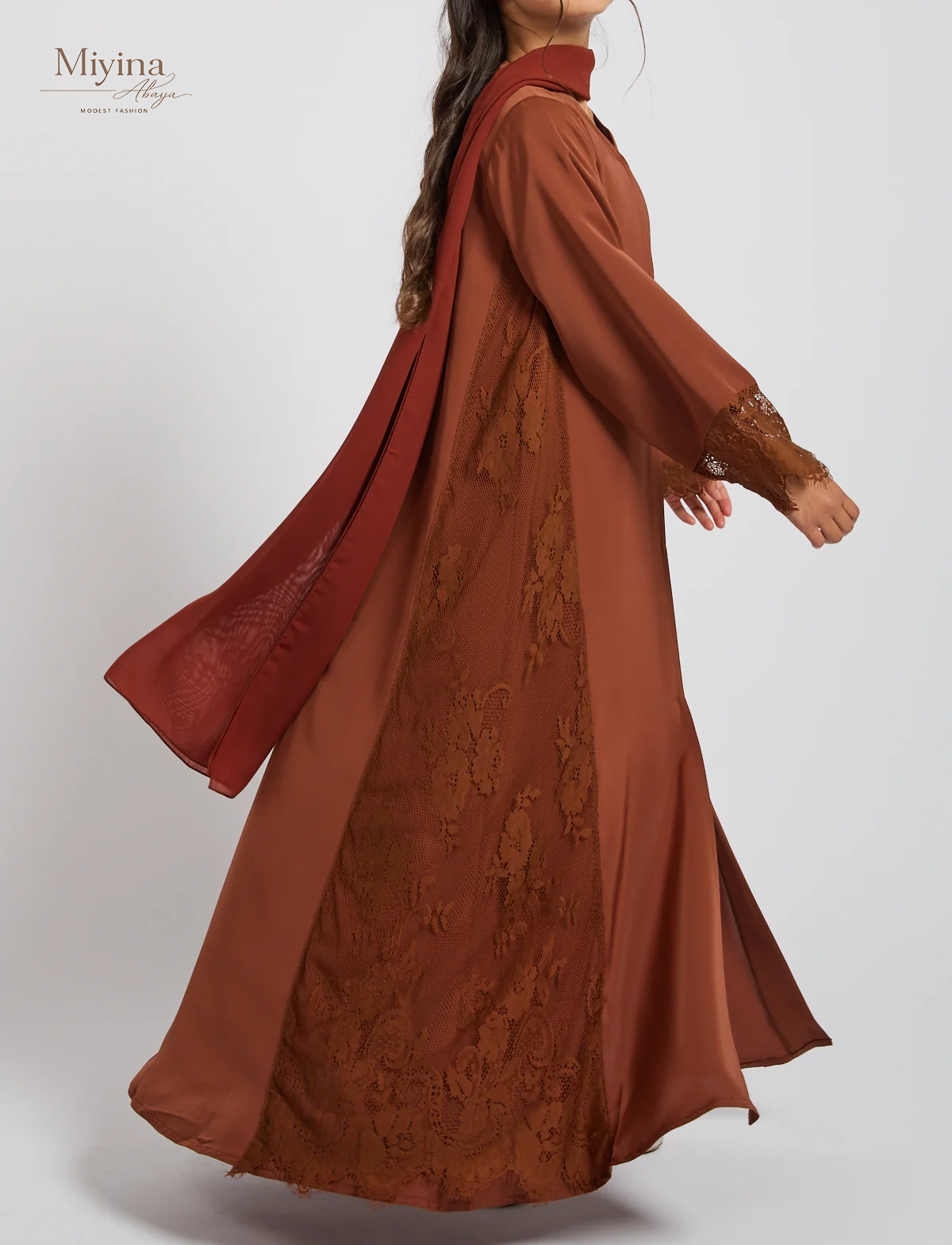 Miyina Custom OEMODM - Junior Girls French Lace Open Abaya Terracotta Rose Korean Nida Fabric Wholesale Direct Factory Low MOQ-sku6
