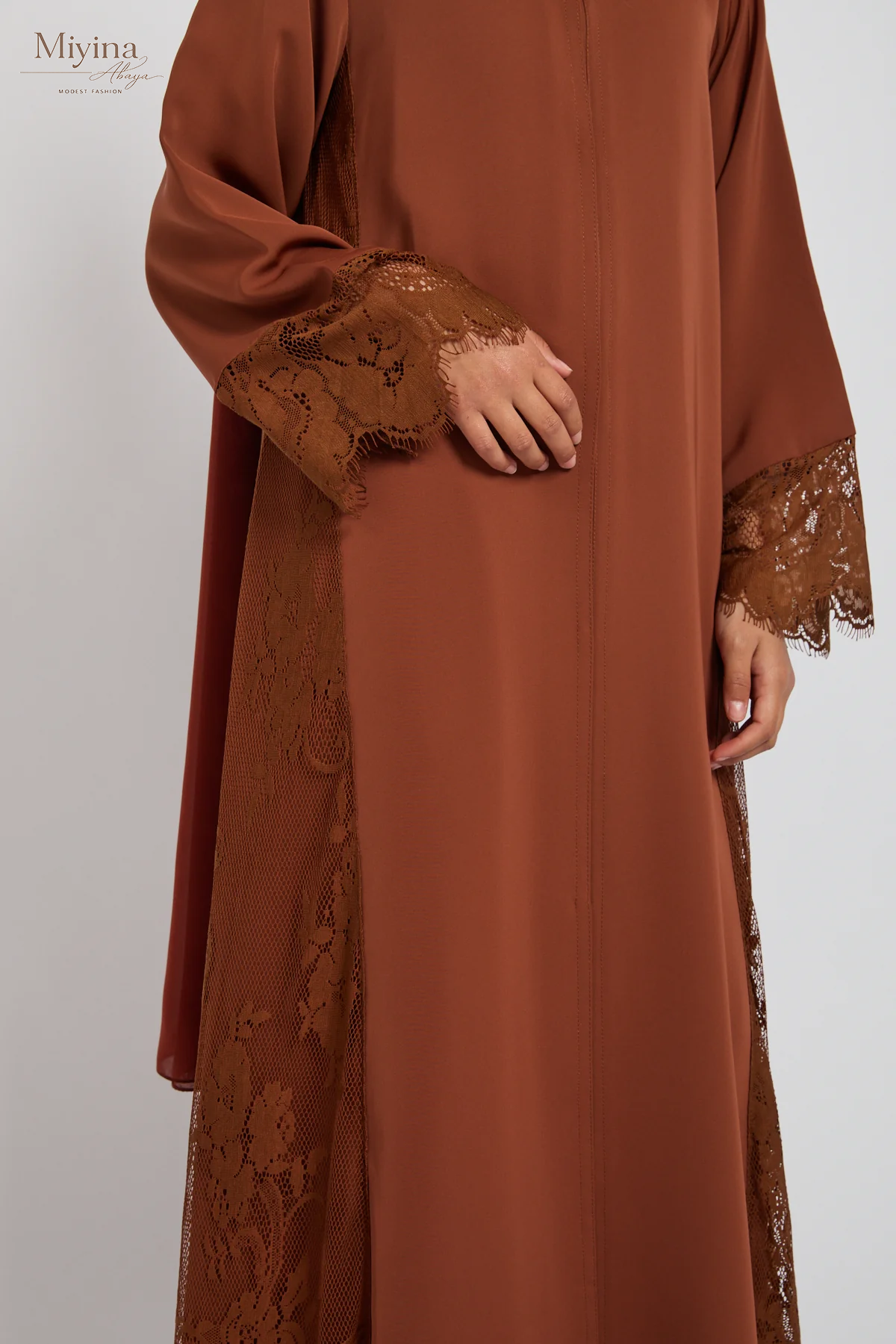 Miyina Custom OEMODM - Junior Girls French Lace Open Abaya Terracotta Rose Korean Nida Fabric Wholesale Direct Factory Low MOQ-sku7
