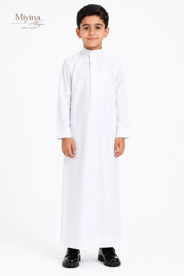 Miyina OEMODM Embroidered Kids Thobe White Durable Fabric Withstands Repeated Washing Maintaining Texture And Structure Supplier-sku1