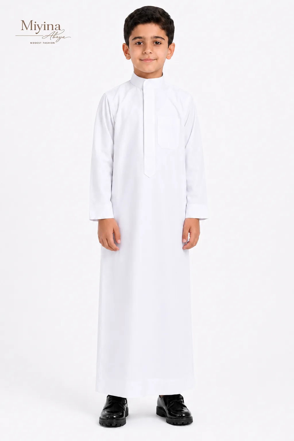 Miyina OEMODM Embroidered Kids Thobe White Durable Fabric Withstands Repeated Washing Maintaining Texture And Structure Supplier-sku5