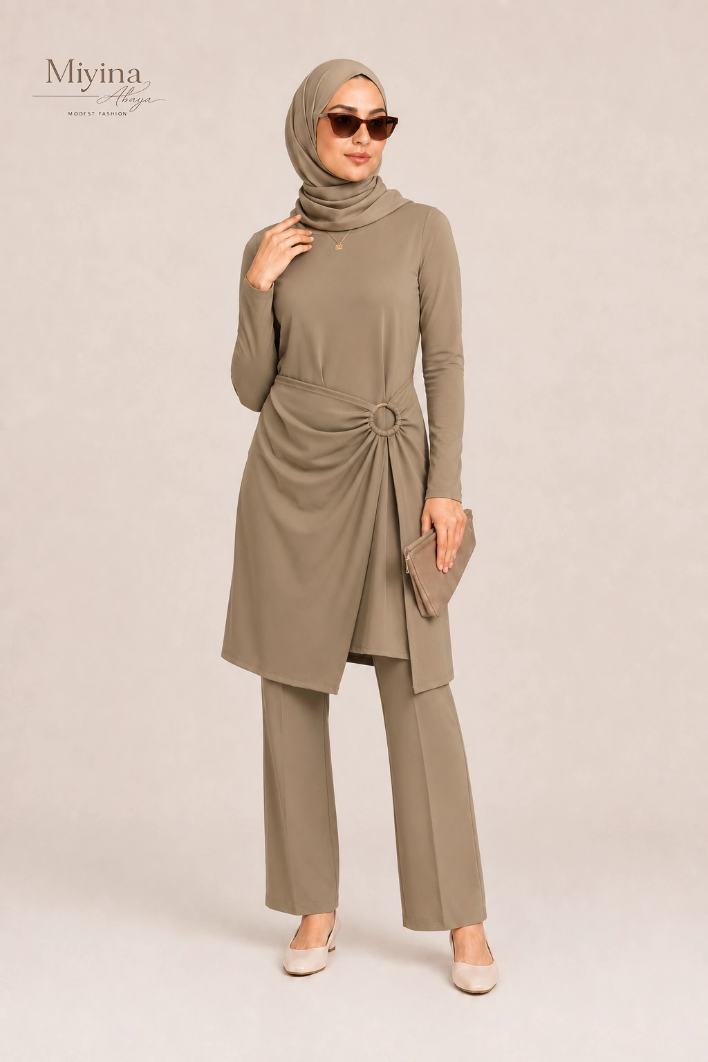 Miyina OEMODM Gathered Swim Dress Brown Clay Manufacturer Custom Buckle Detail Premium Swim Jersey Fabric Islamic Manufacturer