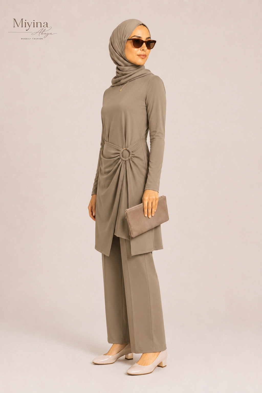 Miyina OEMODM Gathered Swim Dress Brown Clay Manufacturer Custom Buckle Detail Premium Swim Jersey Fabric Islamic Manufacturer