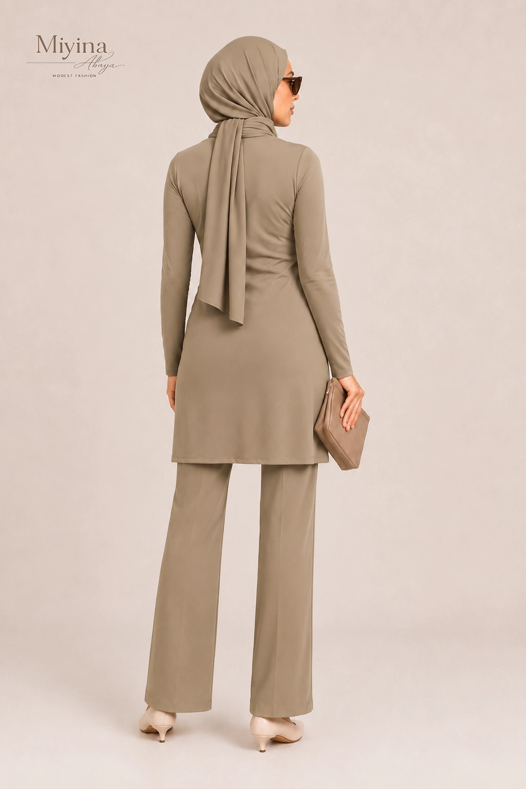 Miyina OEMODM Gathered Swim Dress Brown Clay Manufacturer Custom Buckle Detail Premium Swim Jersey Fabric Islamic Manufacturer