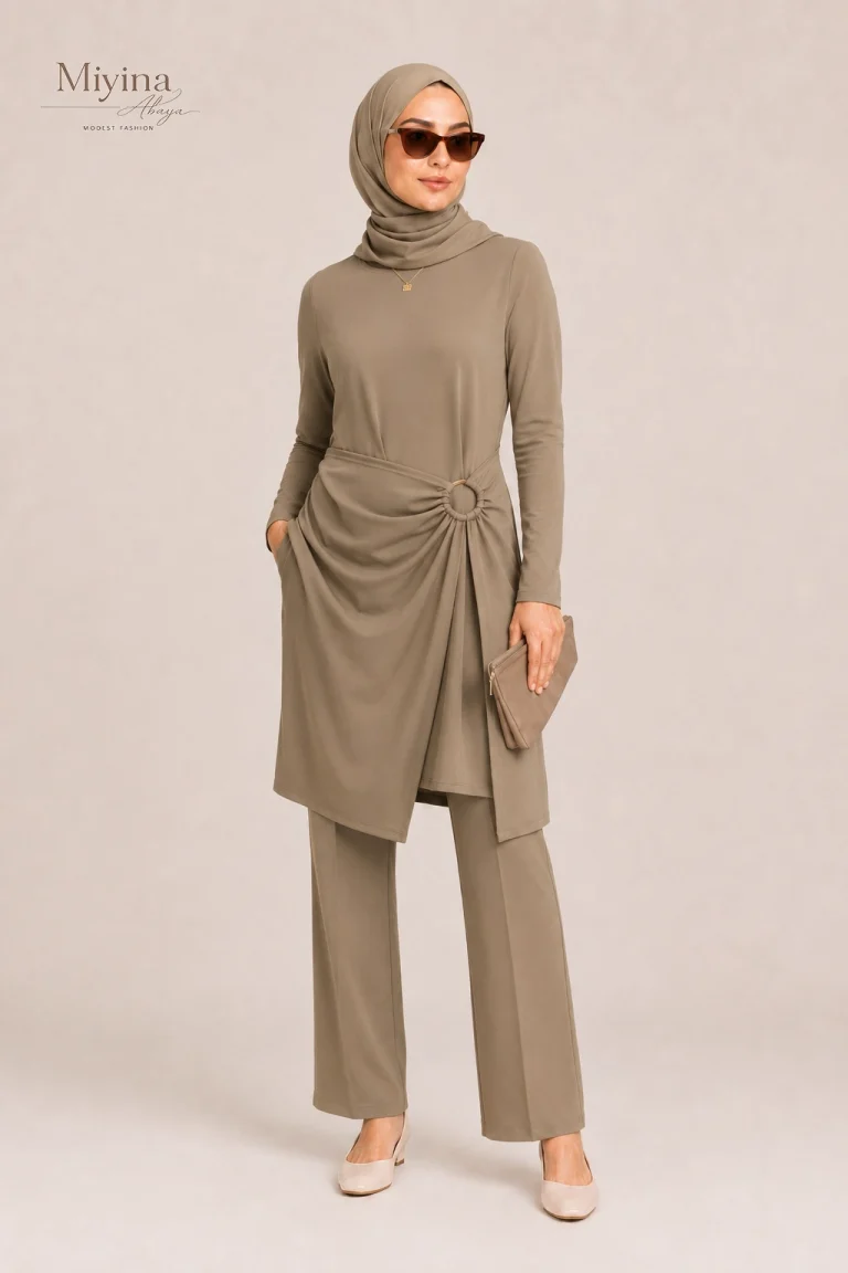 Miyina OEMODM Gathered Swim Dress Brown Clay Manufacturer Custom Buckle Detail Premium Swim Jersey Fabric Islamic Manufacturer