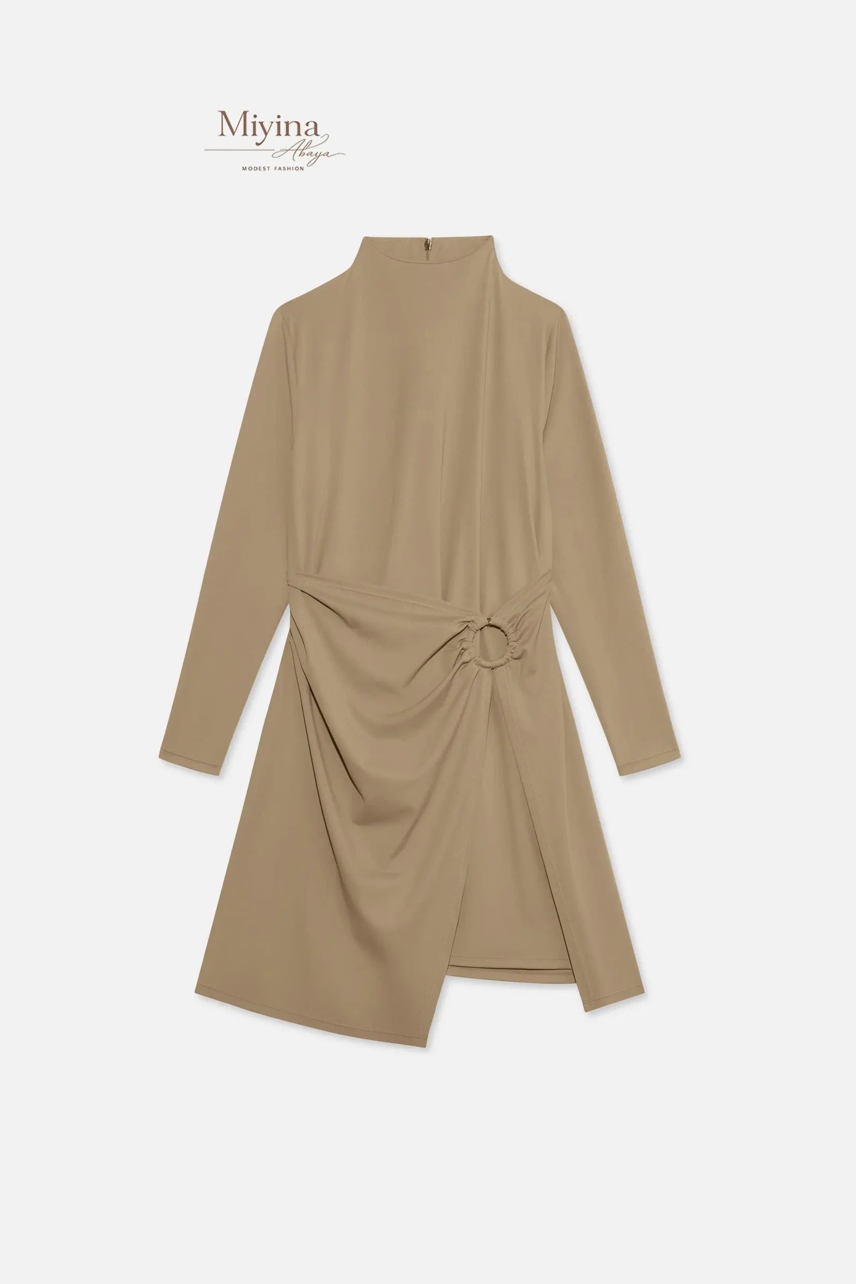 Miyina OEMODM Gathered Swim Dress Brown Clay Manufacturer Custom Buckle Detail Premium Swim Jersey Fabric Islamic Manufacturer