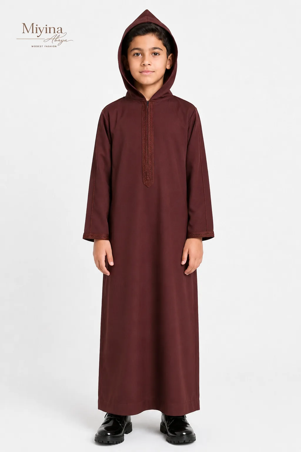Miyina OEMODM Junior Boys Premium Moroccan Thobe with Hood - Mahogany Dusk Supplier-sku1
