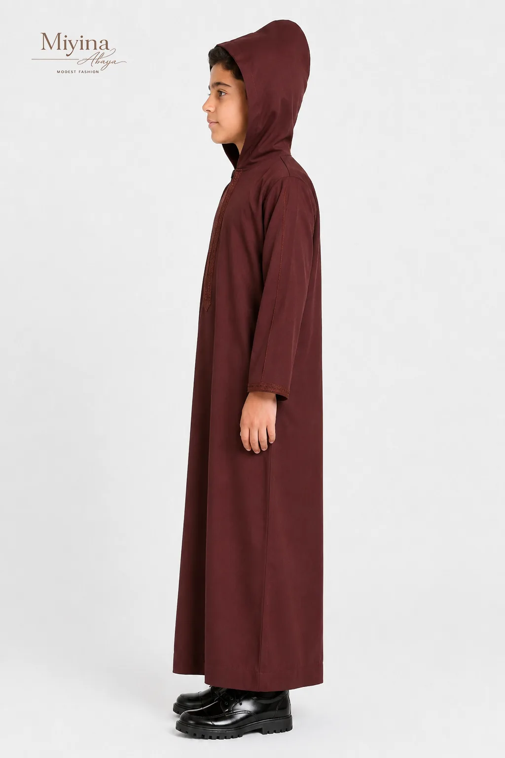 Miyina OEMODM Junior Boys Premium Moroccan Thobe with Hood - Mahogany Dusk Supplier-sku3