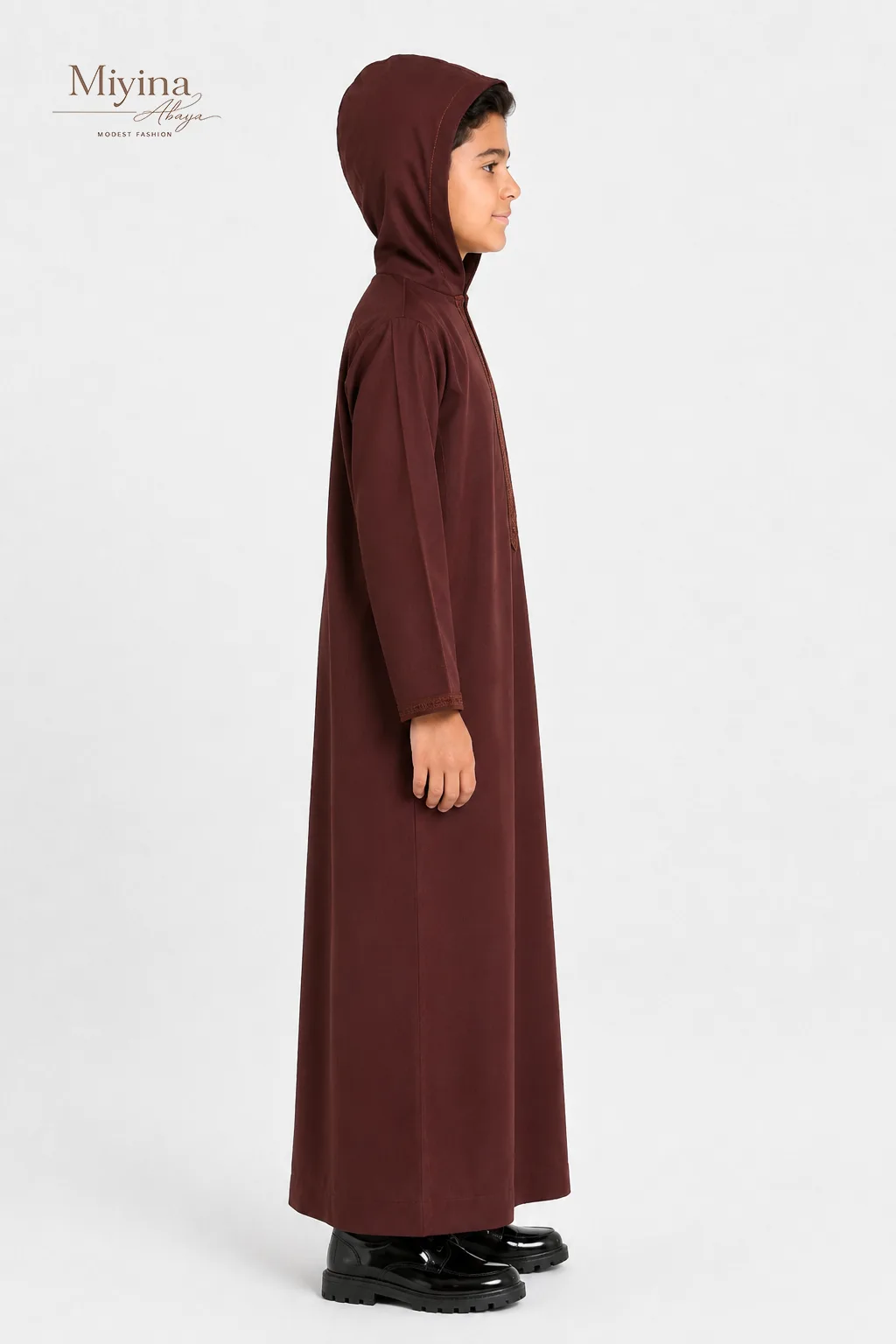 Miyina OEMODM Junior Boys Premium Moroccan Thobe with Hood - Mahogany Dusk Supplier-sku4