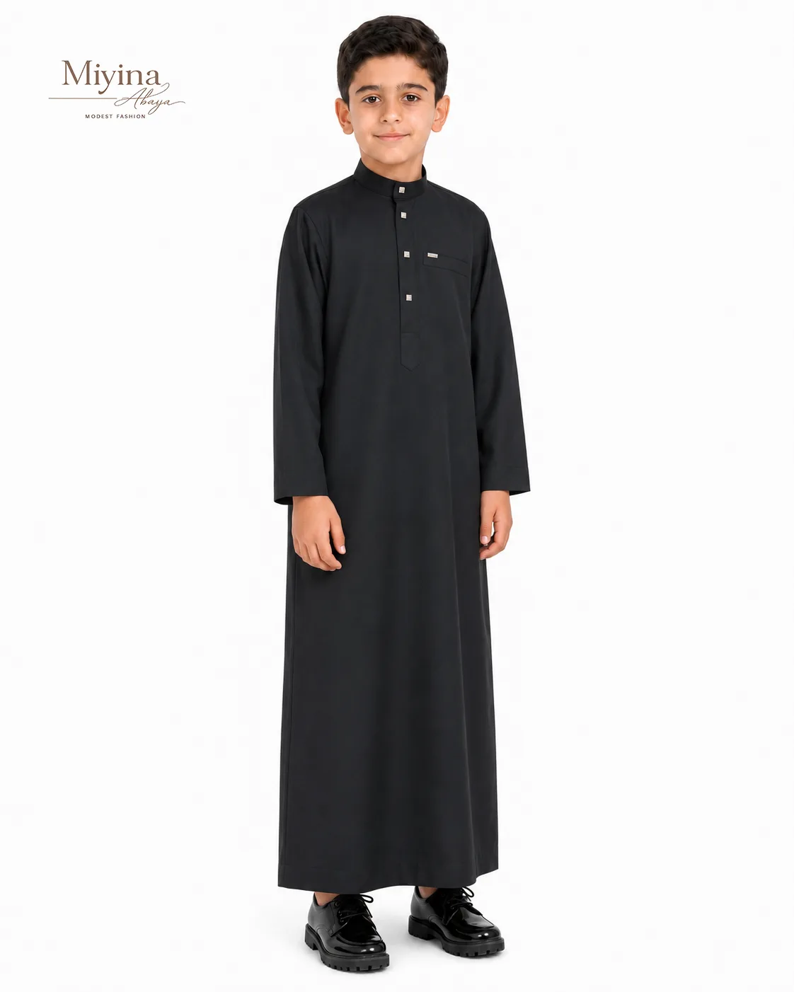 Miyina OEMODM Kids Thobe Black Buttoned Mandarin Collar Signature Button Placket Neck Opening Side Slit Pockets Supplier-sku1