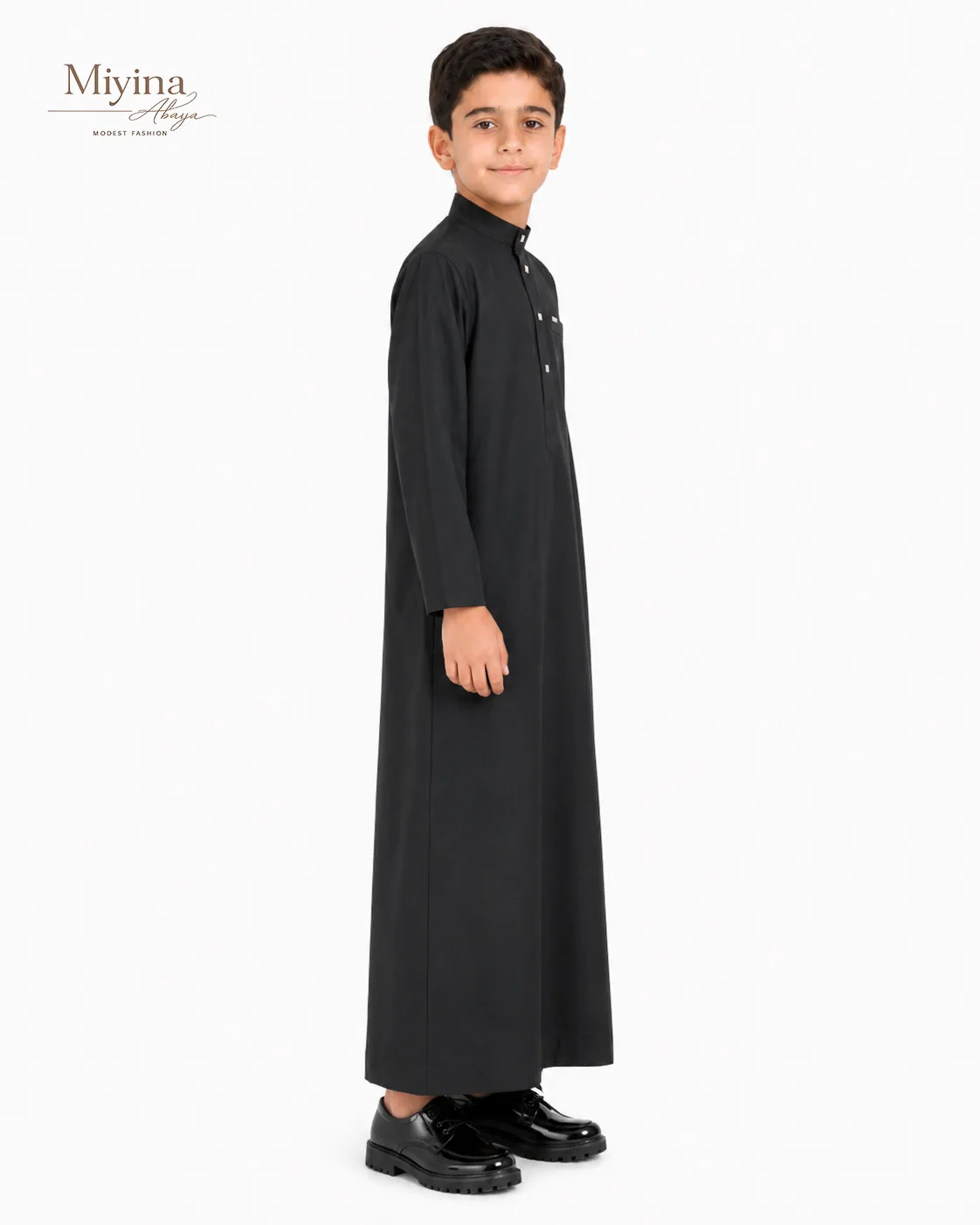 Miyina OEMODM Kids Thobe Black Buttoned Mandarin Collar Signature Button Placket Neck Opening Side Slit Pockets Supplier-sku2
