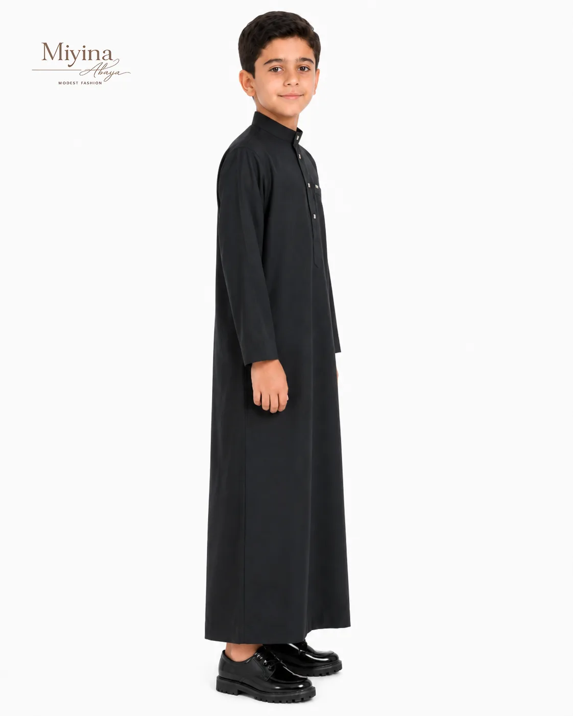 Miyina OEMODM Kids Thobe Black Buttoned Mandarin Collar Signature Button Placket Neck Opening Side Slit Pockets Supplier-sku3