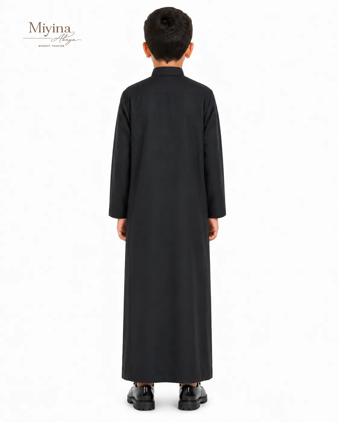 Miyina OEMODM Kids Thobe Black Buttoned Mandarin Collar Signature Button Placket Neck Opening Side Slit Pockets Supplier-sku4
