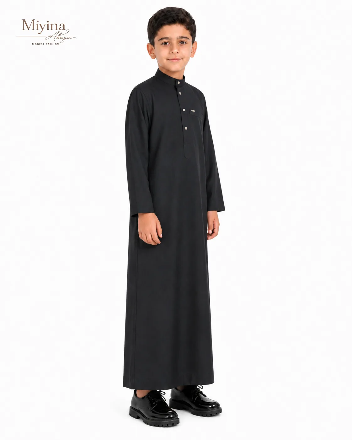 Miyina OEMODM Kids Thobe Black Buttoned Mandarin Collar Signature Button Placket Neck Opening Side Slit Pockets Supplier-sku5