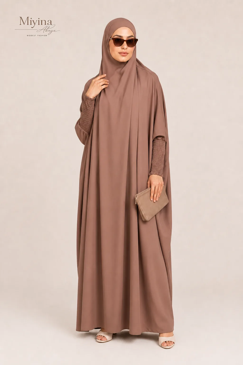 Miyina OEMODM One Piece Full Length Jilbab Prayer Abaya Zipped Cuffs and Pockets Cocoa Blush Manufacturer Custom Nida Fabric Zipped Pockets Islamic Manufacturer