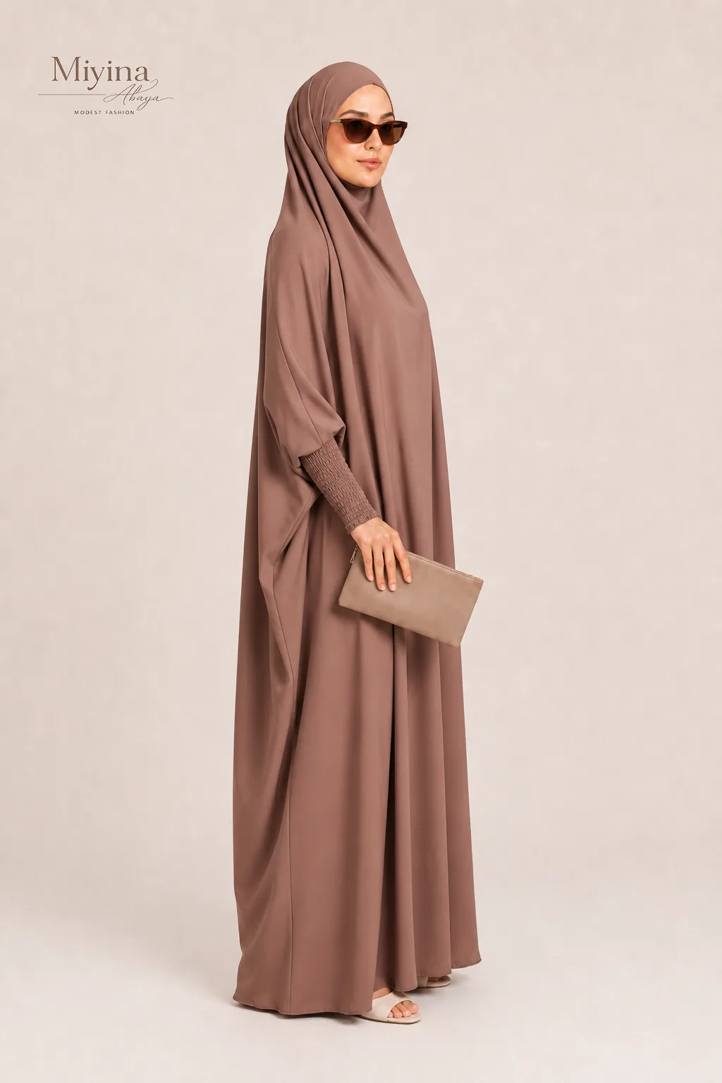 Miyina OEMODM One Piece Full Length Jilbab Prayer Abaya Zipped Cuffs and Pockets Cocoa Blush Manufacturer Custom Nida Fabric Zipped Pockets Islamic Manufacturer