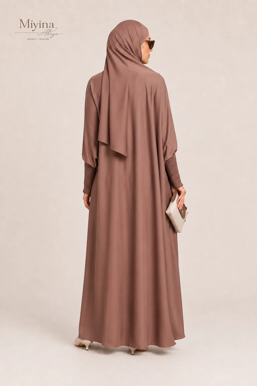 Miyina OEMODM One Piece Full Length Jilbab Prayer Abaya Zipped Cuffs and Pockets Cocoa Blush Manufacturer Custom Nida Fabric Zipped Pockets Islamic Manufacturer