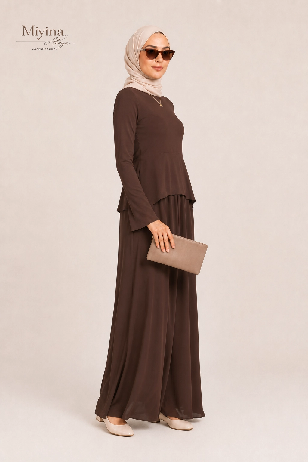 Miyina OEMODM Romantic Ruffle Dress Burnt Mocha Manufacturer Custom Crafted From 100% Viscose Soft Feminine Touch Islamic Manufacturer