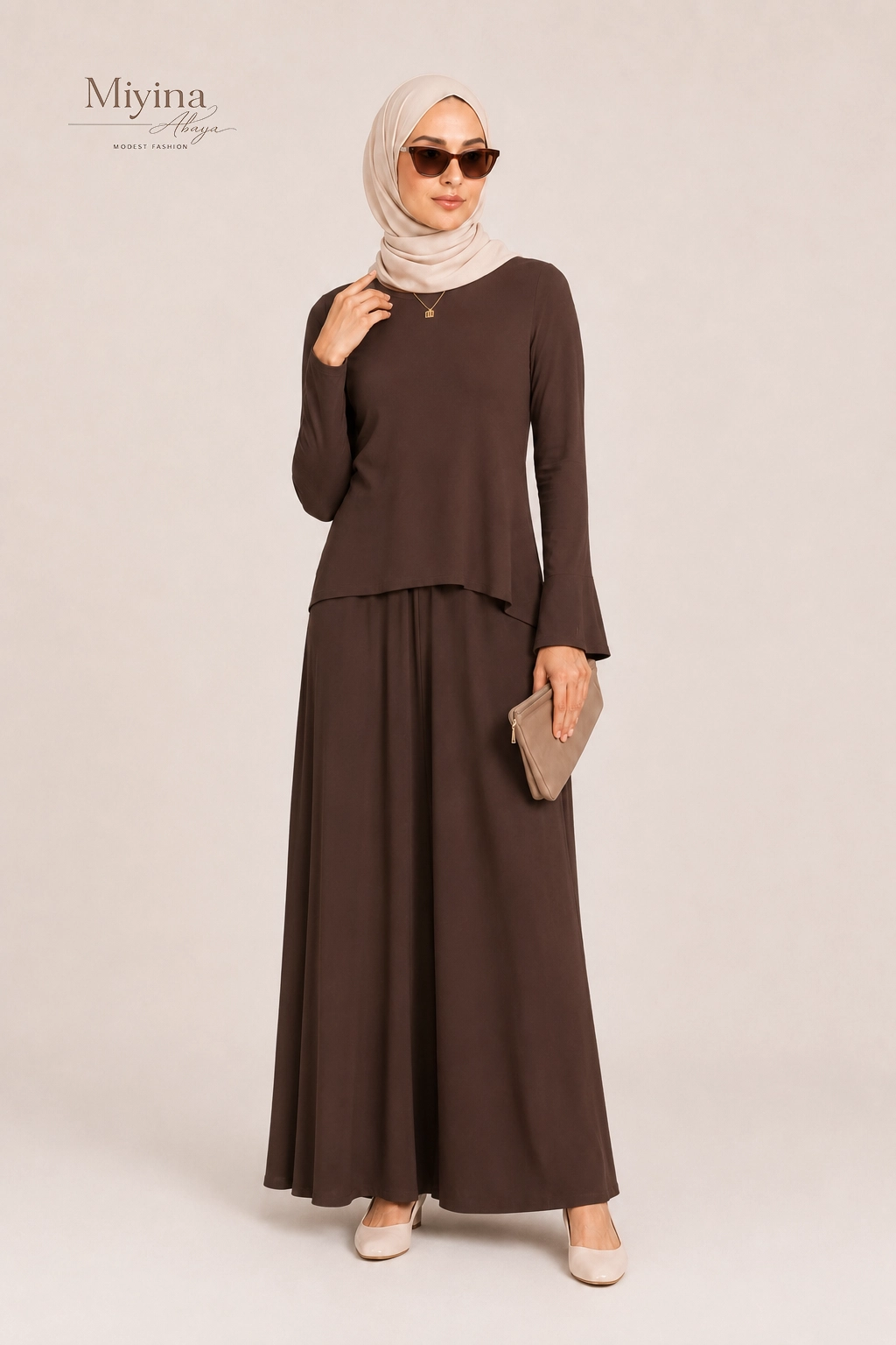 Miyina OEMODM Romantic Ruffle Dress Burnt Mocha Manufacturer Custom Crafted From 100% Viscose Soft Feminine Touch Islamic Manufacturer
