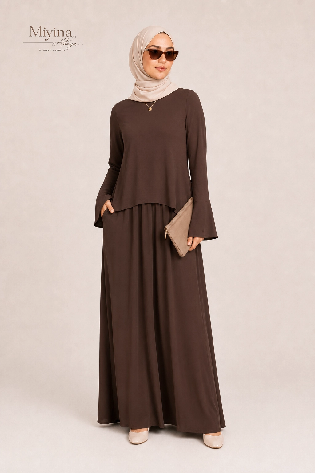 Miyina OEMODM Romantic Ruffle Dress Burnt Mocha Manufacturer Custom Crafted From 100% Viscose Soft Feminine Touch Islamic Manufacturer