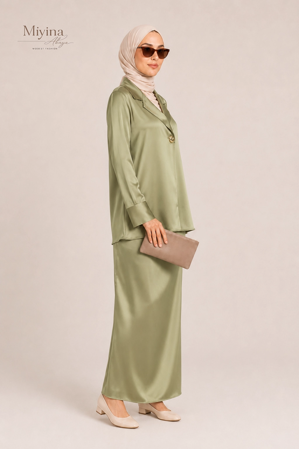 Miyina OEMODM Satin Classic Blazer Grey Green Manufacturer Custom Sharp Notched Lapel Single Button Closure Islamic Manufacturer