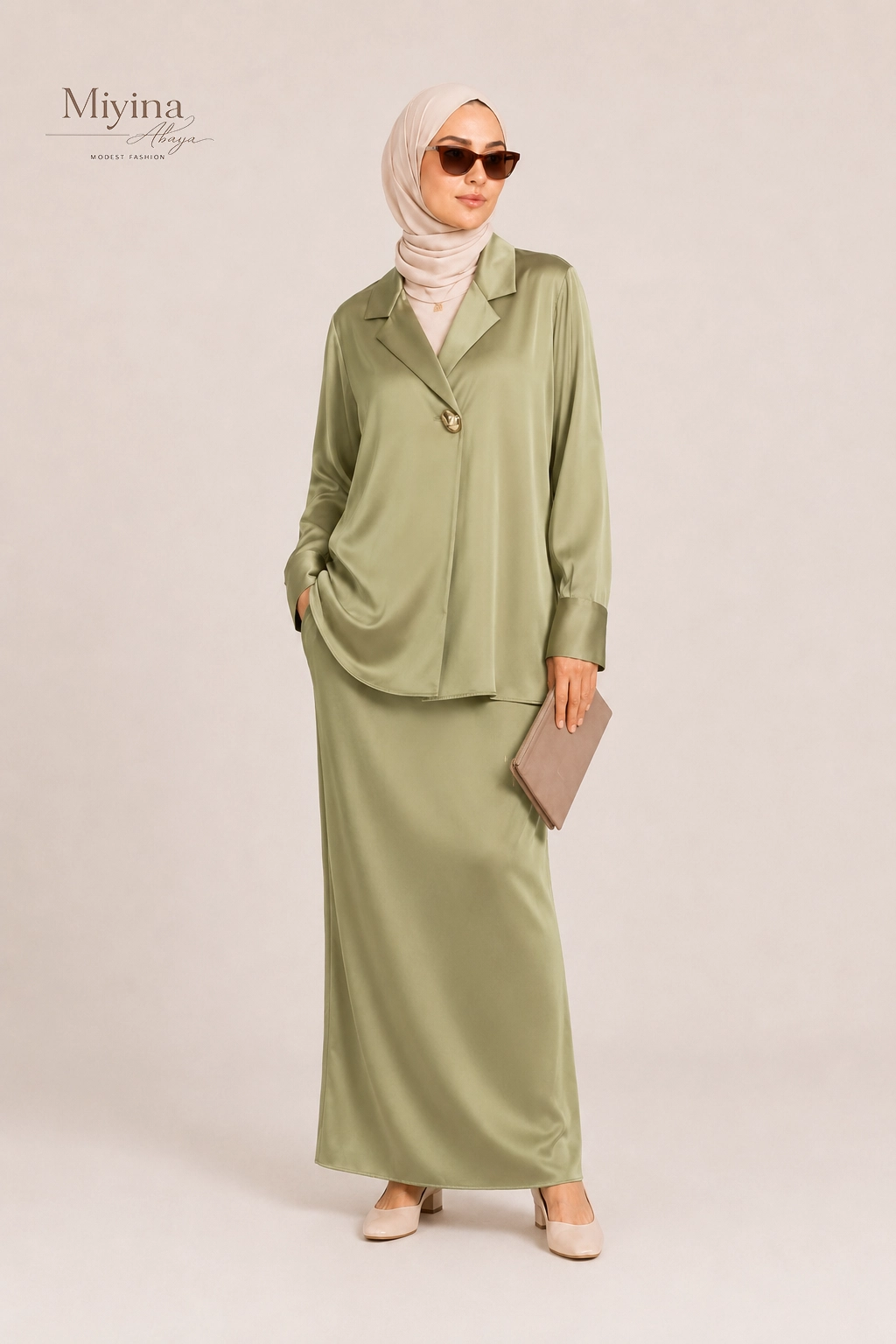 Miyina OEMODM Satin Classic Blazer Grey Green Manufacturer Custom Sharp Notched Lapel Single Button Closure Islamic Manufacturer