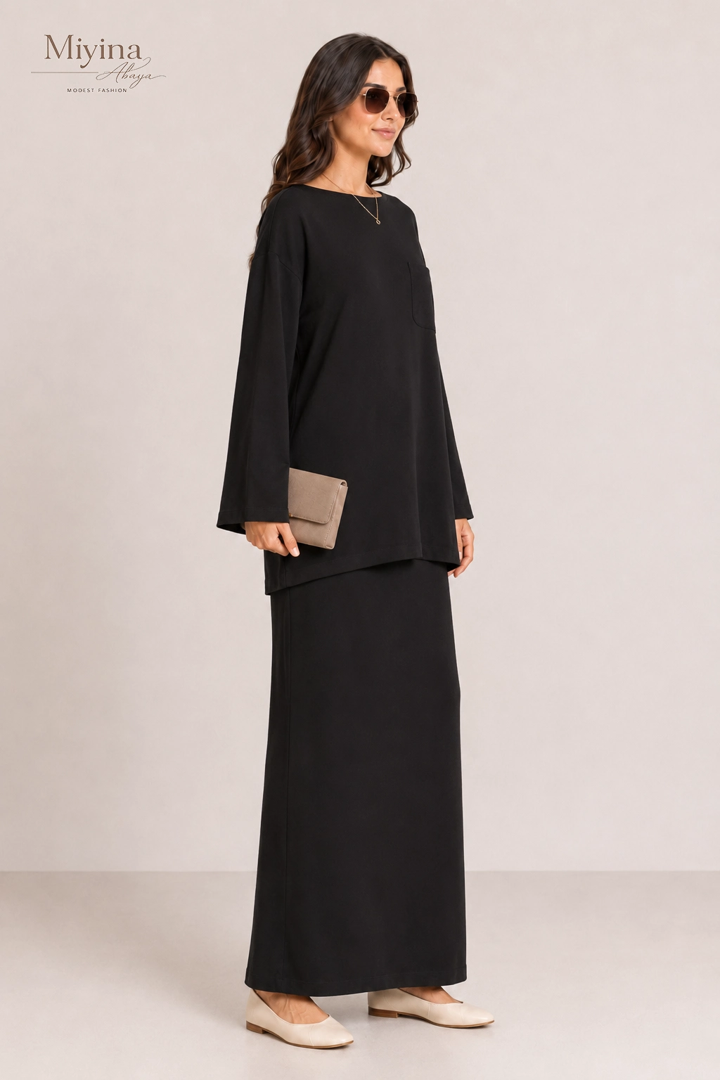 Miyina OEMODM Soft Woven Tailored Skirt Black Manufacturer Custom Flowy Full-Length Cut Elastic Waistband Islamic Manufacturer