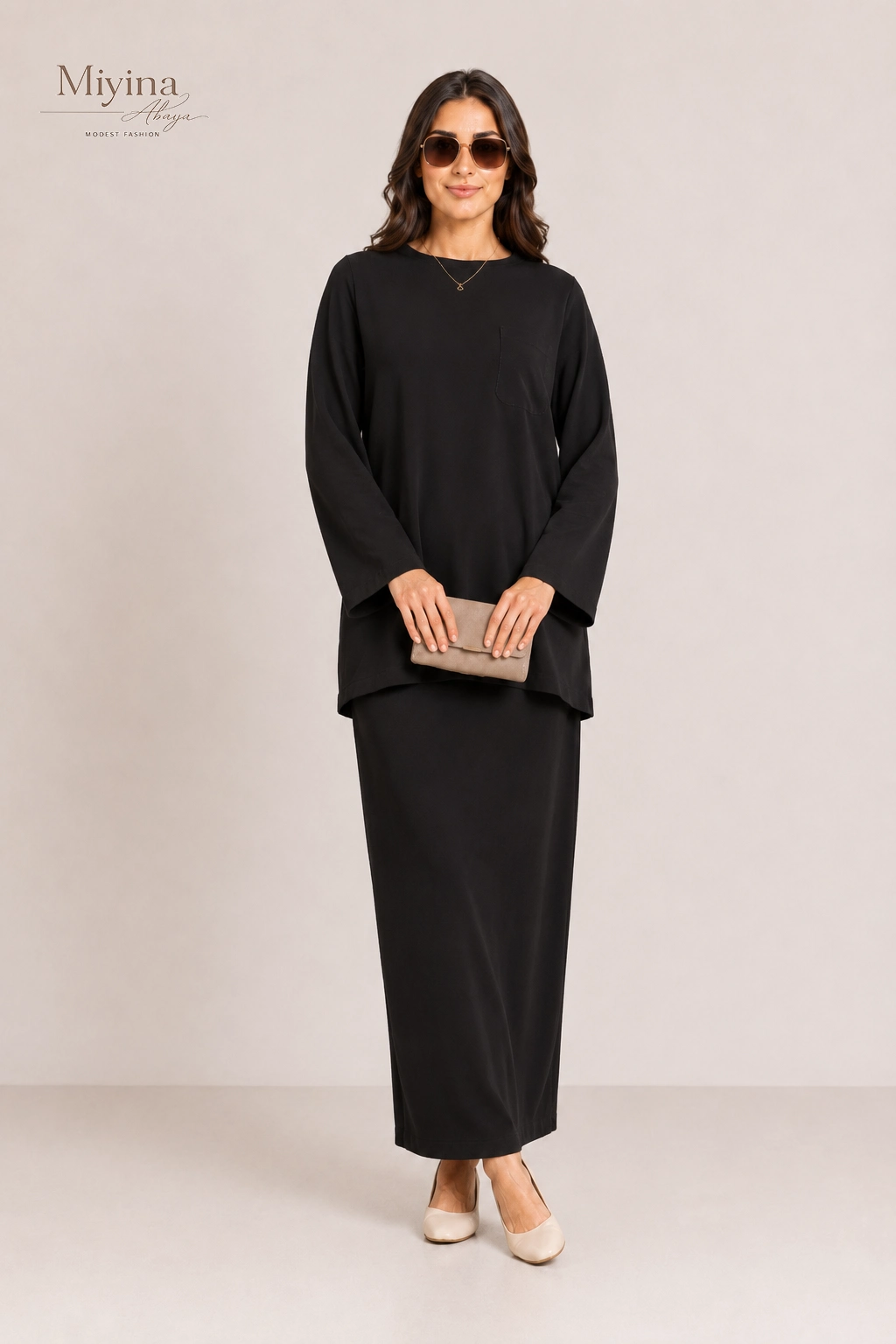 Miyina OEMODM Soft Woven Tailored Skirt Black Manufacturer Custom Flowy Full-Length Cut Elastic Waistband Islamic Manufacturer