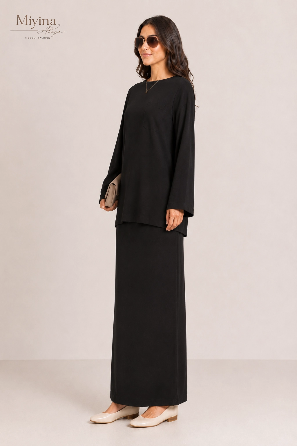 Miyina OEMODM Soft Woven Tailored Skirt Black Manufacturer Custom Flowy Full-Length Cut Elastic Waistband Islamic Manufacturer