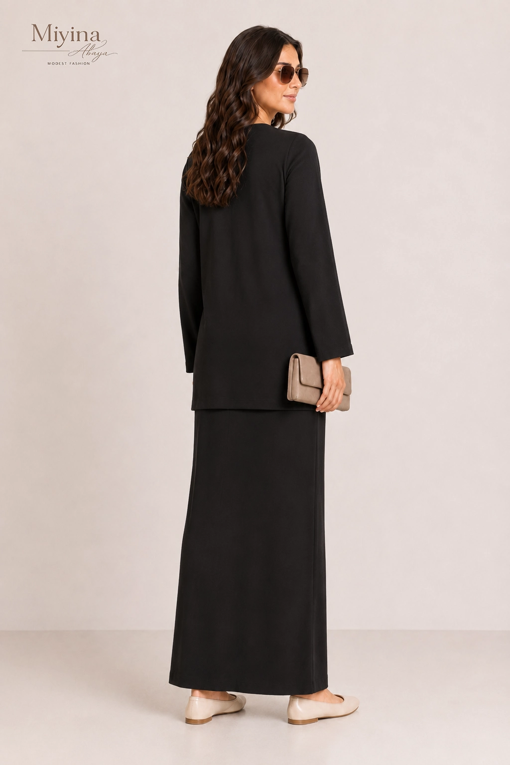 Miyina OEMODM Soft Woven Tailored Skirt Black Manufacturer Custom Flowy Full-Length Cut Elastic Waistband Islamic Manufacturer