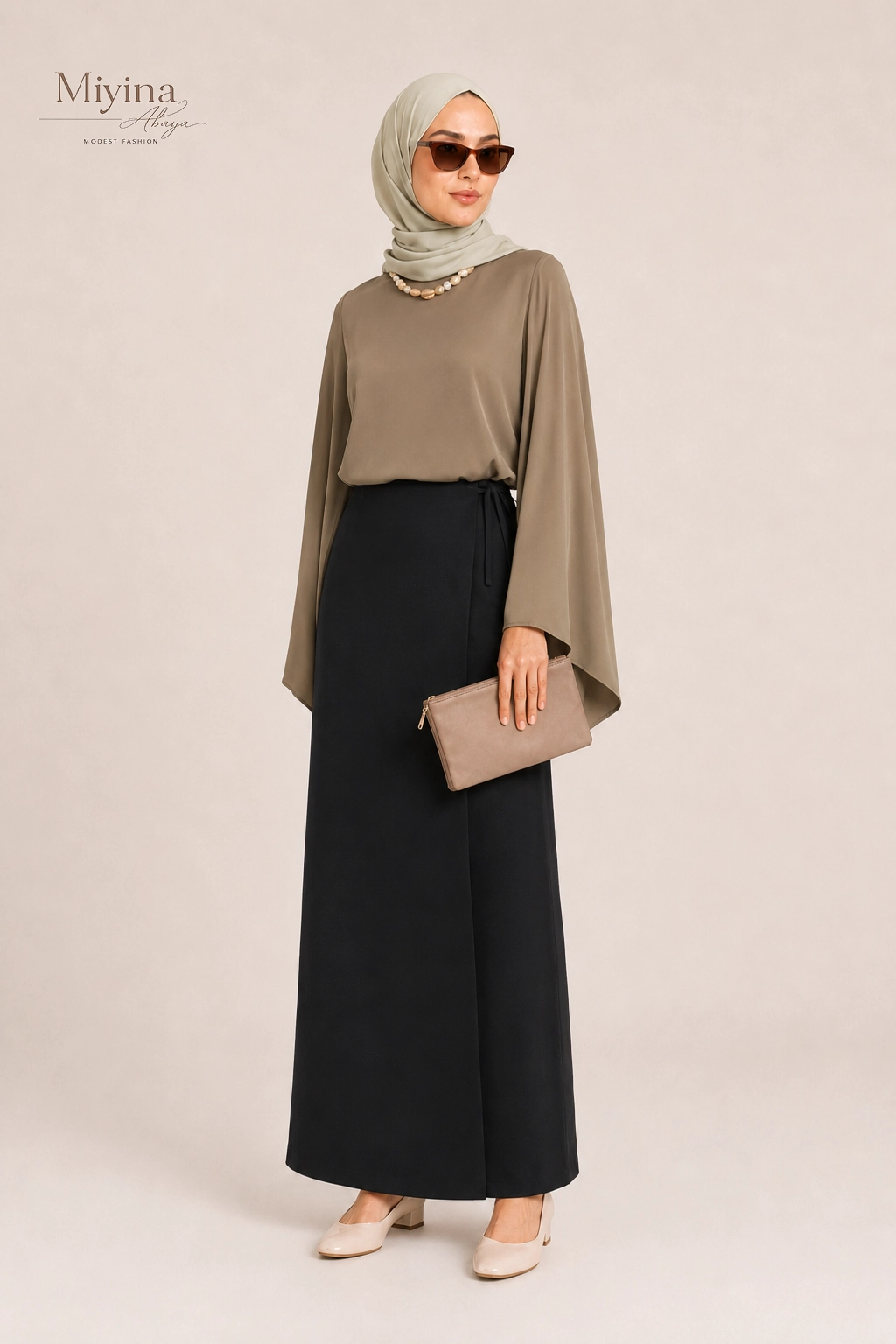 Miyina OEMODM Wrap Skirt Black Manufacturer Custom Subtle A-Line Shape Overlapping Front Panel Islamic Manufacturer