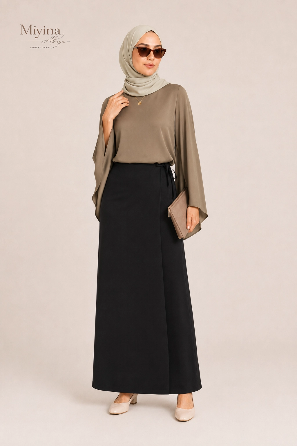 Miyina OEMODM Wrap Skirt Black Manufacturer Custom Subtle A-Line Shape Overlapping Front Panel Islamic Manufacturer