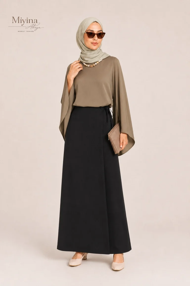Miyina OEMODM Wrap Skirt Black Manufacturer Custom Subtle A-Line Shape Overlapping Front Panel Islamic Manufacturer