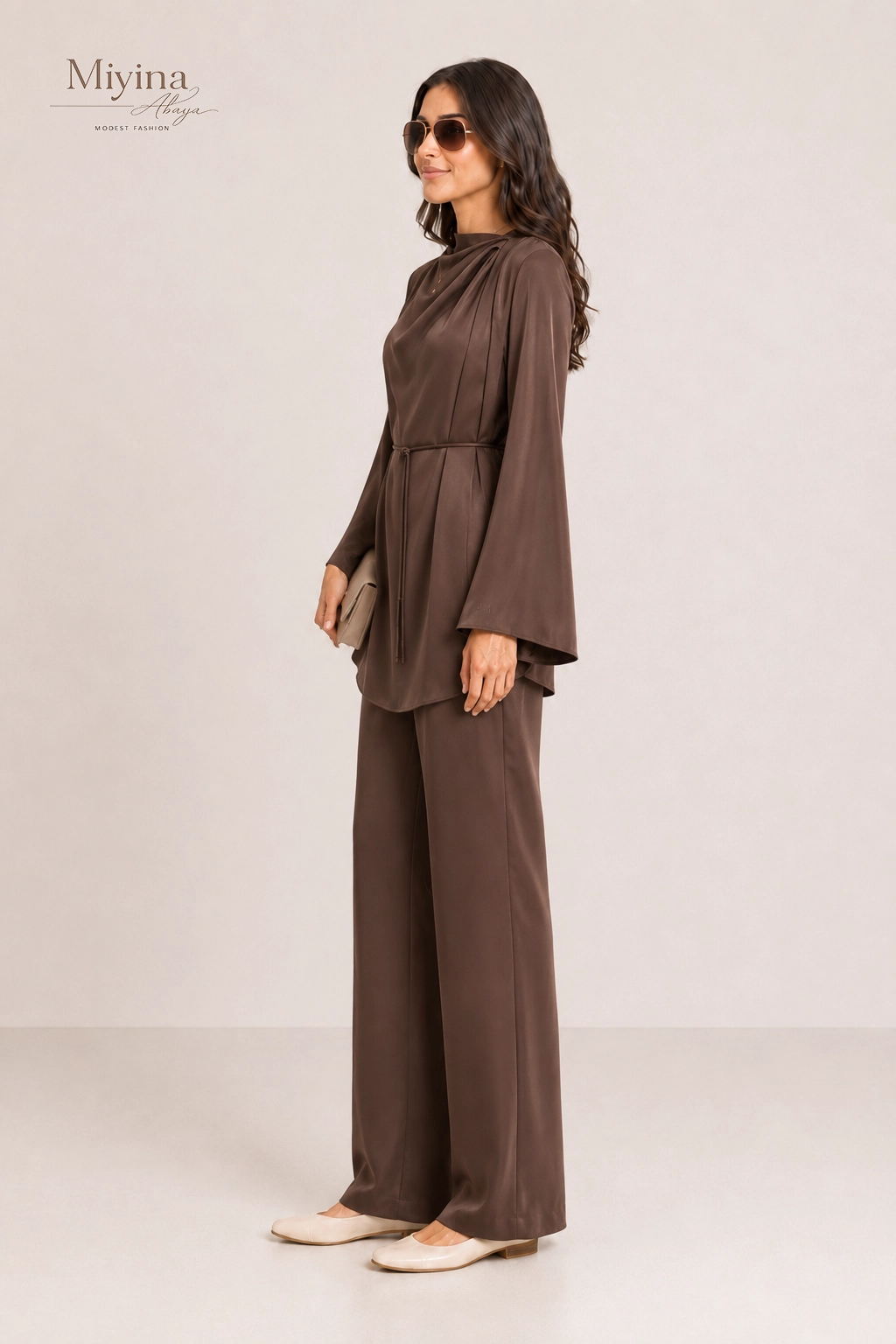 Miyina Wholesale Asymmetric Pleat Blouse Ash Brown Custom Versatile Piece With Presence Muslim Manufacturer